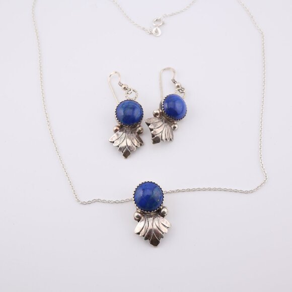 Handcrafted Zuni Lapis Lazuli Necklace and Earrings Set Sterling Silver Jewelry - Picture 10 of 12